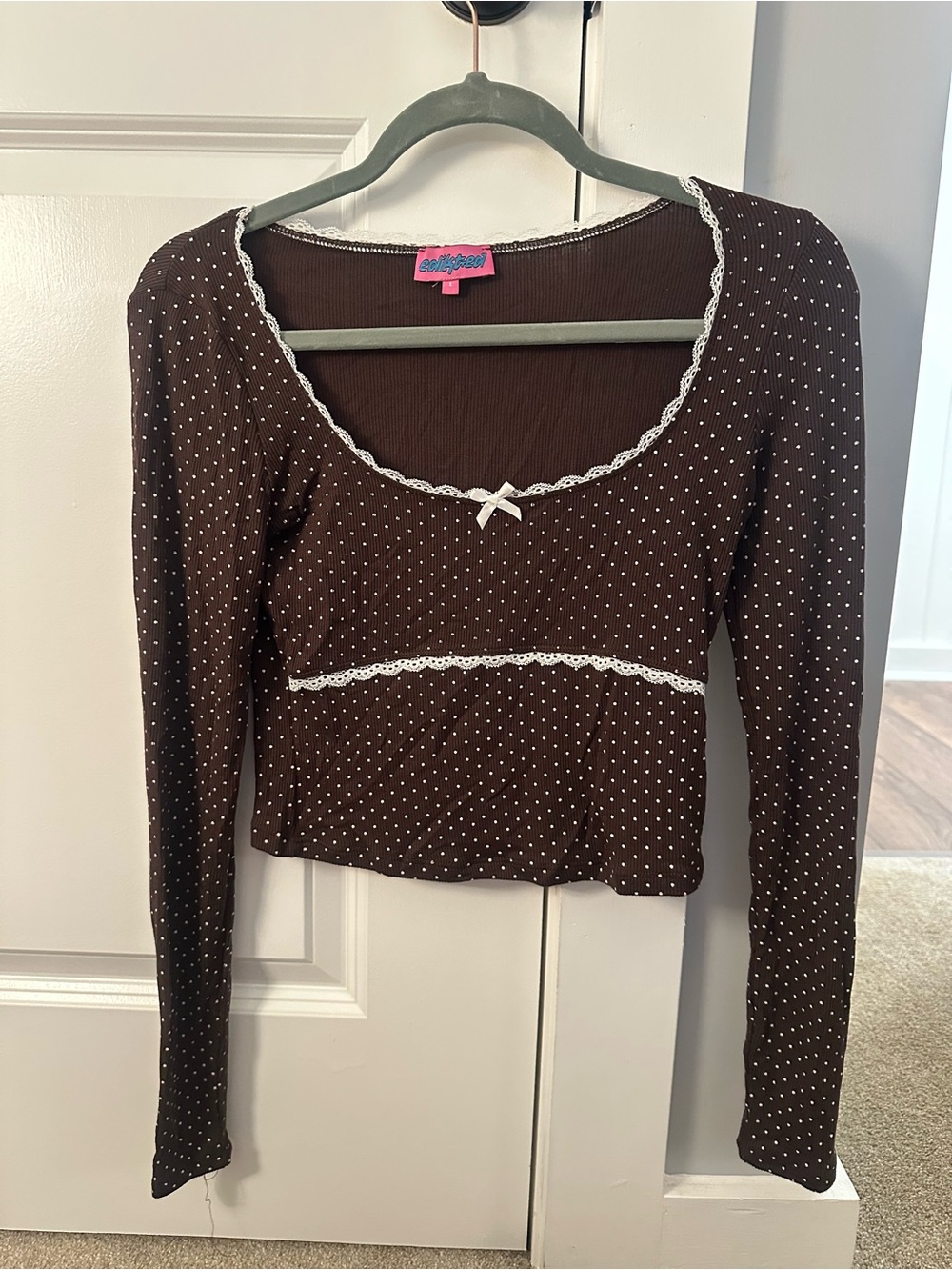Edikted Brown Polka Dot Lace-Trim Long Sleeve Top